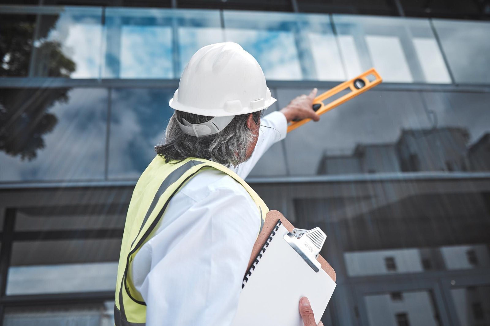 Profissional realizando inspeção técnica em obra