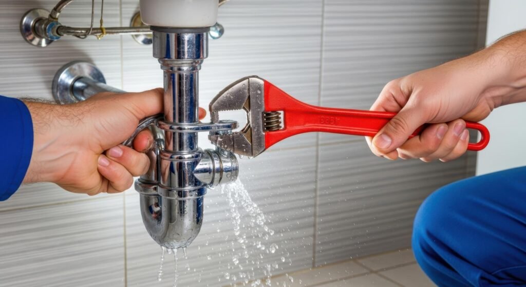 Mãos reparando vazamento com chave inglesa